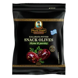 Franz_Josef_Kaiser_SNACK Řecké černé olivy Kalamata bez pecky s tymiánem a petrželí 70g