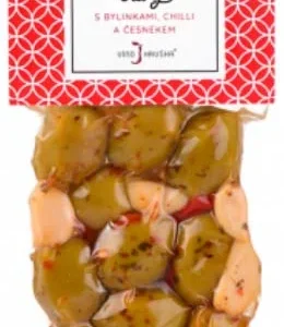 Řecké zelené olivy s bylinkami, chilli a česnekem 100 g